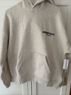 Essentials Crewneck Hoodie in Light Beige with Black Logo